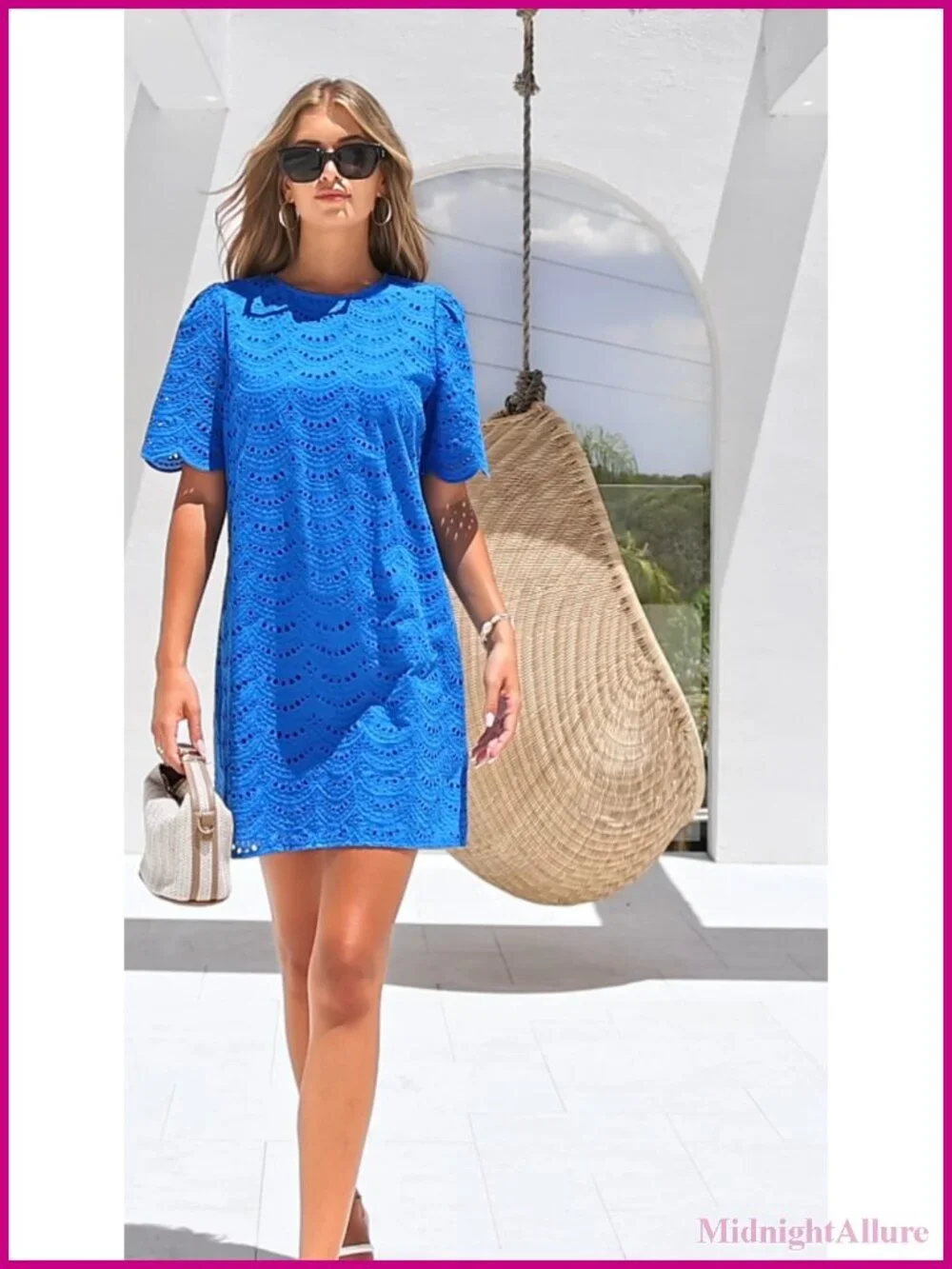 Embroidered Eyelet Cotton Shift Dress Short Sleeve Summer Mini Dress